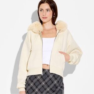 Cream Zip Up with Fluffy Fur Hoodie
